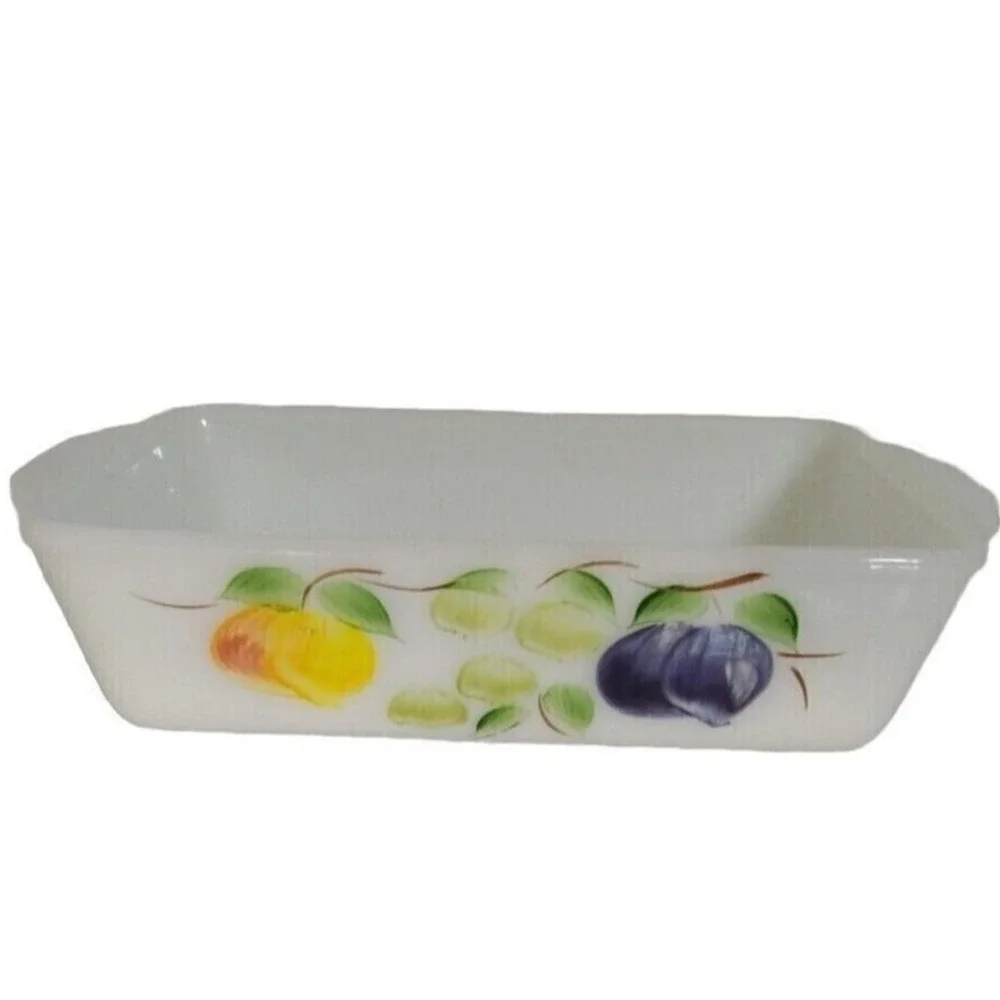 Vintage Fire‎ King Milk Glass Baking Dish Fruit Design Rectangular Casserole Pan